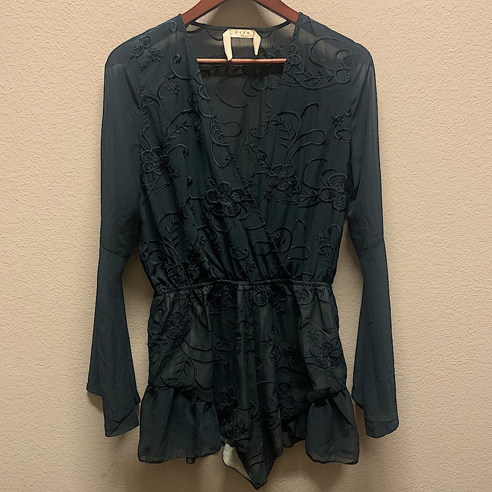 ECRU LABS BLACK SHEER EMBROIDERED FLORAL ROMPER, BATWING, WITCH, GOTH, HALLOWEEN